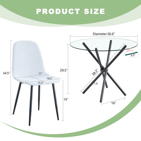 English Elm Table Set - Contemporary 36.6" Round Tempered Glass Dining Table With 4 White Linen Chairs For Modern Homes W1151S03670-GIGA