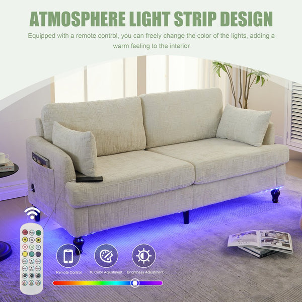 English Elm Modern chenille 2-seater sofa with LED, USB charging, storage pocket, solid wood legs, durable comfort Beige W395P318540