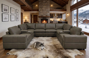 English Elm Premium Leather Match L-shaped Sectional with Dual Recliners and Built-in Console Olive Green B2748S00162