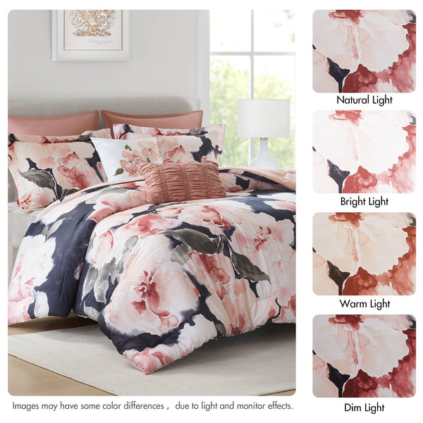English Elm 7-piece Queen Comforter Set Cotton Print Bedding with Euro Shams and Embroidered Pillows Blush Multi B035P482946