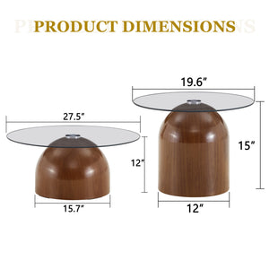 English Elm Nesting Coffee Tables Set of 3 Round Tempered Glass Tops Walnut Steel Base Living Room W2920S00149
