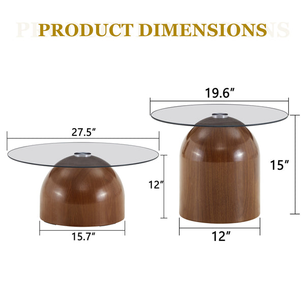 English Elm Nesting Coffee Tables Set of 3 Round Tempered Glass Tops Walnut Steel Base Living Room W2920S00149