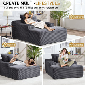 English Elm 67" Corduroy Oversized Chaise Sleeper Sofa Deep Seat Boneless Lounge with Cup Holder Pillows Dark Grey W1803P409258
