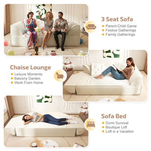 English Elm 3-in-1 Convertible Sofa Bed Sparkling Chenille 79.5" Deep Seat 3-Seater with Chaise & Pillows Beige W3219P369307