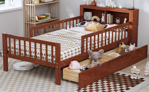 English Elm Twin Bed With Walnut Finish, Headboard Storage, Two Under-Bed Drawers & Safety Guardrails For Kids N733P272374D-GIGA