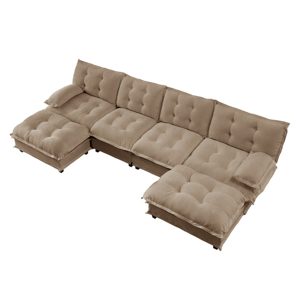 English Elm 138" U-shaped Chenille Cloud Sectional with Ottomans Deep Seat Modular Living Room Sofa Light Coffee W714S01716