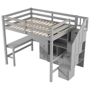 English Elm Full Full Size Loft Bed with L-Shaped Desk, Drawers, Cabinet and Staircase Storage for Space-Saving Rooms Gray GX000469AAE