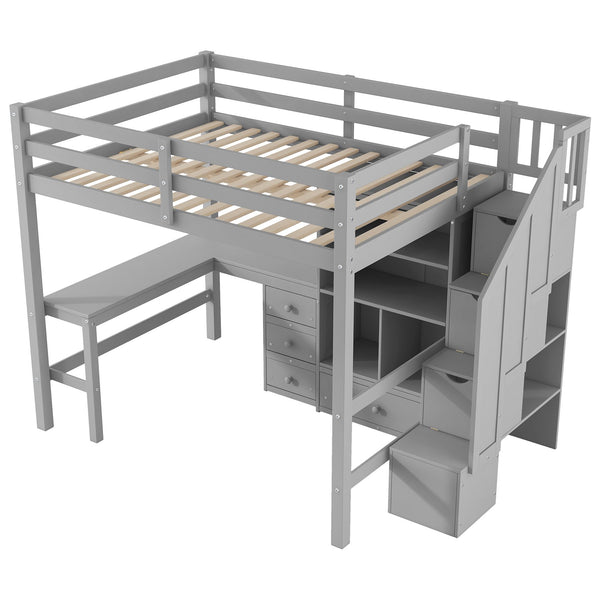 English Elm Full Full Size Loft Bed with L-Shaped Desk, Drawers, Cabinet and Staircase Storage for Space-Saving Rooms Gray GX000469AAE