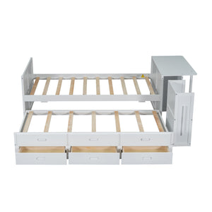 English Elm Twin Multifunctional Wood Platform Bed with Built-In Desk, Trundle & 3 Drawers for Small Spaces White 44.3 L x 23.1 W x 9 H N733S212832K