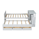 English Elm Twin Size Multifunctional Wood Platform Bed With Desk and Storage Shelf At The End Of The Bed, Built-In Trundle and 3 Drawers, White