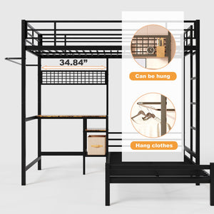 English Elm Bunk Bed Twin Over Twin With Integrated Desk, Storage, Safety Guardrails & Ladder - Black Metal Design W3752P378630