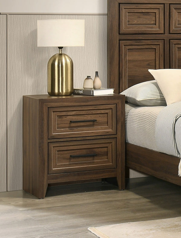 English Elm 1pc Contemporary Brown Wood Nightstand Geometric Panel Design with Dual Storage Drawers B2741P498436