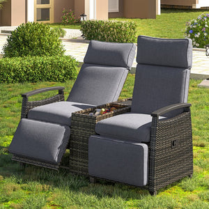 English Elm Go Outdoor Recliner Loveseat Chair With Adjustable Backrest, Storage Table & Acacia Wood Armrests N704G201239E