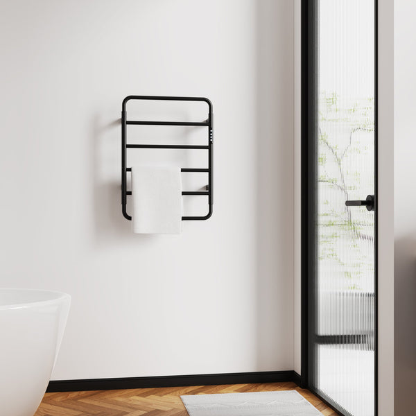 English Elm 18.7" Heated Towel Rack with Touchscreen Timer, 6-Bar Stainless Steel 150W Rapid Warm Carbon Fiber Black T3177P305026