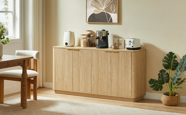 English Elm 63" Wave Front Sideboard with Four Door Storage for Living Room Hallway Bedroom Oak W1820P431360