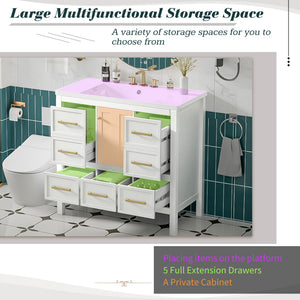 English Elm 36'' Bathroom Vanity with Resin Sink, Solid Wood Frame, 5 Drawers, Soft-Close Doors, Gold Knobs, Spacious Storage White SW000142AAK-1