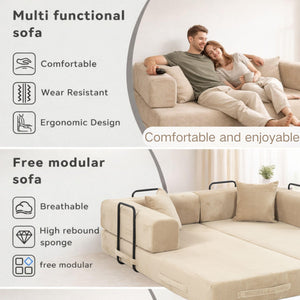 English Elm Full Foam Modular Sofa Bed Corduroy Upholstered Convertible Lounger for Studio Apartments Beige W3326P450777