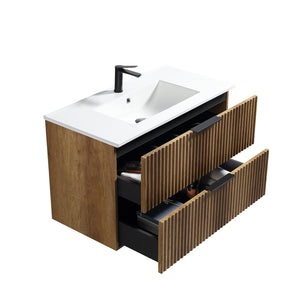 English Elm 36 Inch Floating Bathroom Vanity Fluted Wood Grain Panel with Ceramic Integrated Sink W3520S00045