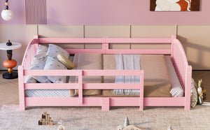 English Elm Full Montessori Pine Wood Floor Bed with Safety Rails Low Profile Kids Room Frame Pink N733P400299H
