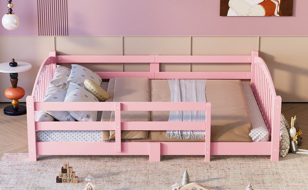 English Elm Full Montessori Pine Wood Floor Bed with Safety Rails Low Profile Kids Room Frame Pink N733P400299H