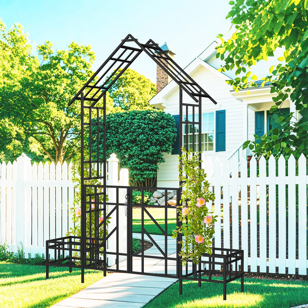 English Elm Metal Garden Arch Gate with Planters Powder Coated Steel Climbing Rose Trellis Outdoor W1586P278425