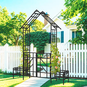 English Elm Metal Garden Arch Gate with Planters Powder Coated Steel Climbing Rose Trellis Outdoor W1586P278425
