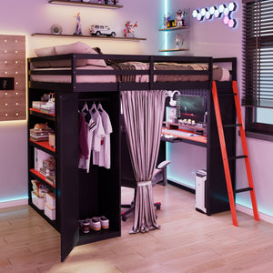English Elm Full Size Wood Loft Bed with Wardrobe Desk Shelves Rgb Lighting and Blackout Curtains Black+Red LT000269AAJ-1