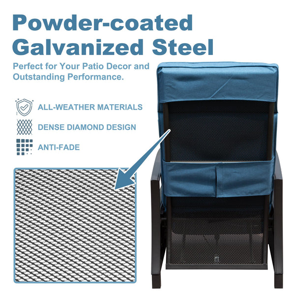 English Elm Adjustable Patio Recliner Chair with Flip Side Table, Ergonomic Cushions, Heavy-Duty Steel, 350lb Support Blue W1859P196390