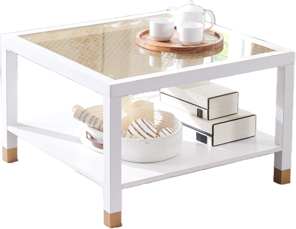 English Elm Industrial Square Coffee Table with Gold Mesh Tempered Glass Top and Matte Steel Legs White+Gold W3587P456310