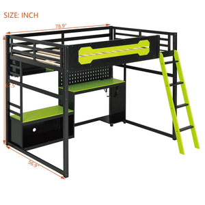 English Elm Full Size Gaming Loft Bed with Built-in Desk Led Lighting Usb Ports and Pegboard Black+Green LT000270AAG