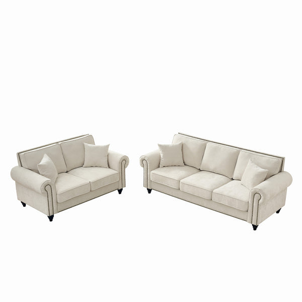 English Elm Modern Chenille 3+2 Seater Sofa with Rolled Arms, Velvet Touch, Nailhead Trim, Solid Wood Legs, Cozy Beige W3373S00022
