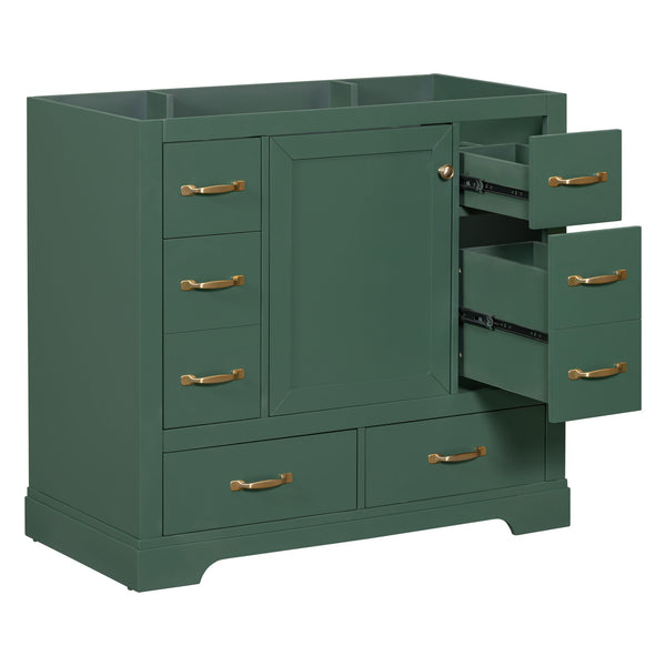 English Elm 36" Modern Bathroom Vanity Cabinet Base with Six Drawers, Adjustable Shelf & Drawer Organizer Green WF307973AAF