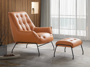 English Elm Zusa Sandstone Top Grain Leather Accent Chair & Ottoman with Metal Frame, Full Foam, Modern Luxe B2726S00389