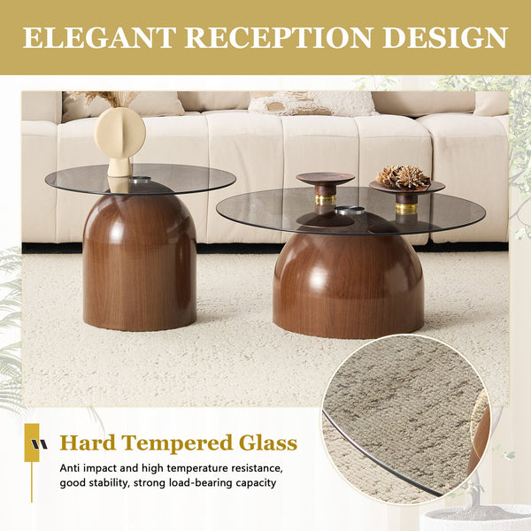 English Elm Nesting Coffee Tables Set of 3 Round Tempered Glass Tops Walnut Steel Base Living Room W2920S00149