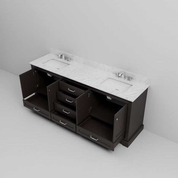 English Elm Espresso Double Bath Vanity 80 in W x 22 in D with Carrara Marble Top, Soft-Close Storage & Faucet Set B2731P258414