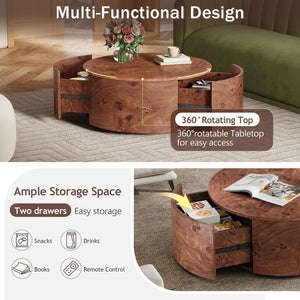 English Elm Burl Veneer Round Coffee Table Swivel Top Two Drawers Walnut Living Room N735P387206D