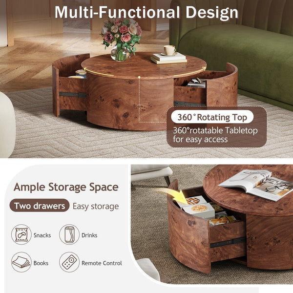 English Elm Burl Veneer Round Coffee Table Swivel Top Two Drawers Walnut Living Room N735P387206D