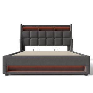 English Elm Full Upholstered Platform Bed with Hydraulic Storage, LED Lighting, USB Ports, Linen Wood Metal Design Grey AA20690708G