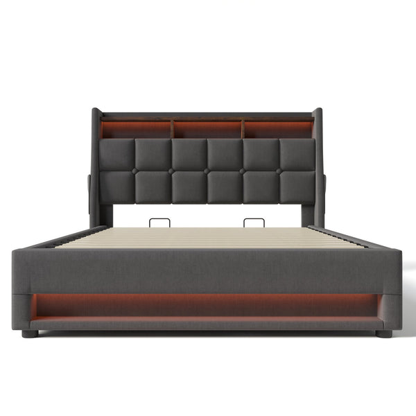 English Elm Full Upholstered Platform Bed with Hydraulic Storage, LED Lighting, USB Ports, Linen Wood Metal Design Grey AA20690708G