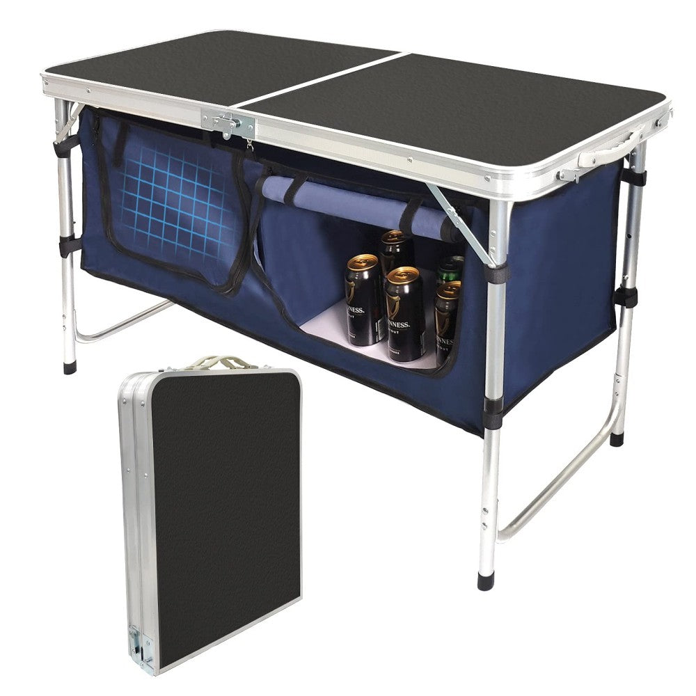 English Elm Folding Aluminum Camp Table with Side Storage Compartments and Adjustable Height Settings W2181P481699