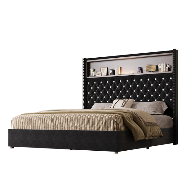 English Elm Queen Velvet Tufted Wingback Platform Bed Tall Headboard with Usb Charging Shelf Black N733P367135B