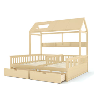 English Elm Double Twin House Bed Pine Wood Frame Kids Playhouse Bunk with Storage Drawers Natural W5305S00007