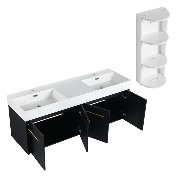 English Elm 60 Inch Wall-Mounted Bathroom Vanity With Double Resin Sink & Stylish Storage Rack, Easy Assembly W999S00372