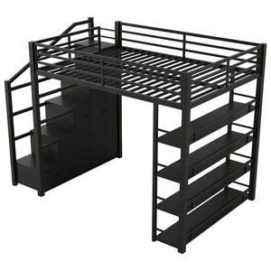 English Elm Full Full Size Metal Loft Bed with Storage Staircase, Shelves, Wardrobe & Guard Rail, Black 70" GX000664AAB