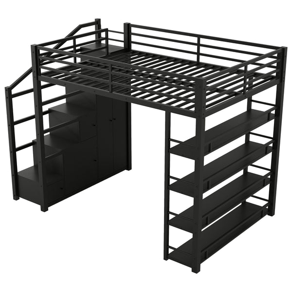 English Elm Full Full Size Metal Loft Bed with Storage Staircase, Shelves, Wardrobe & Guard Rail, Black 70" GX000664AAB