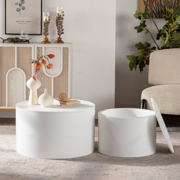 English Elm Set of 2 Fluted Round Nesting Tables Matte Black Solid Wood Living Room Accent W3158P395512