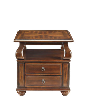 English Elm Walnut 2-Drawer End Table with Open Shelf, Rich Finish, Round Bun Legs for Stylish Storage and Charm B062P209058