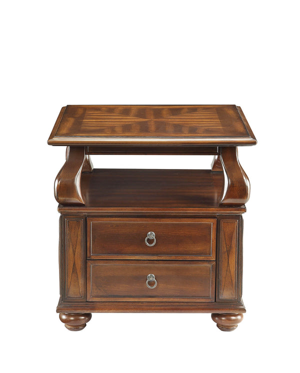 English Elm Walnut 2-Drawer End Table with Open Shelf, Rich Finish, Round Bun Legs for Stylish Storage and Charm B062P209058