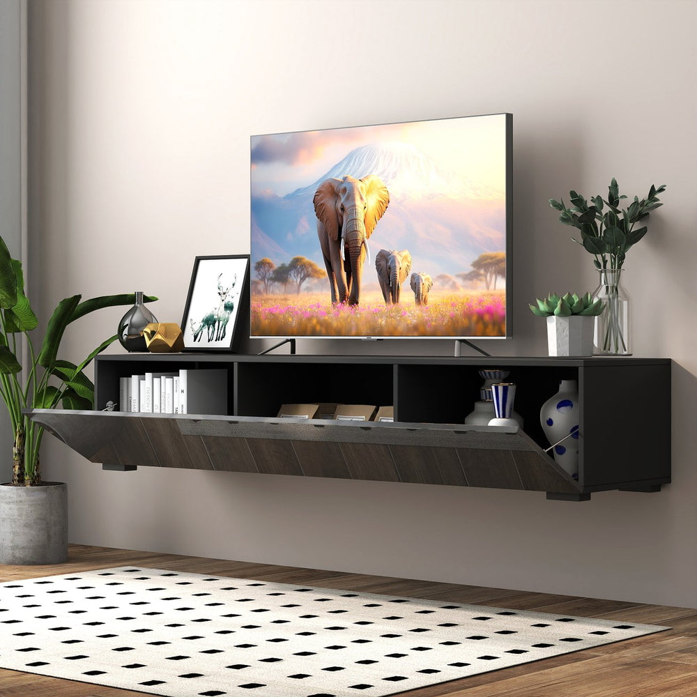 English Elm Modern Floating Media Console with Drop Down Doors and Display Shelf for Living Rooms W331P361255