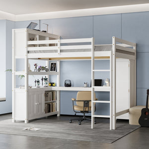 English Elm Full Size Pine Loft Bed House Frame with Slide Bookshelves and Moon Star Rails W1580S00162
